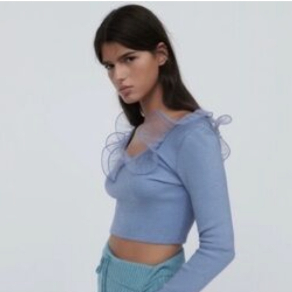 Zara Blue Ruffle Crop Top Sweater